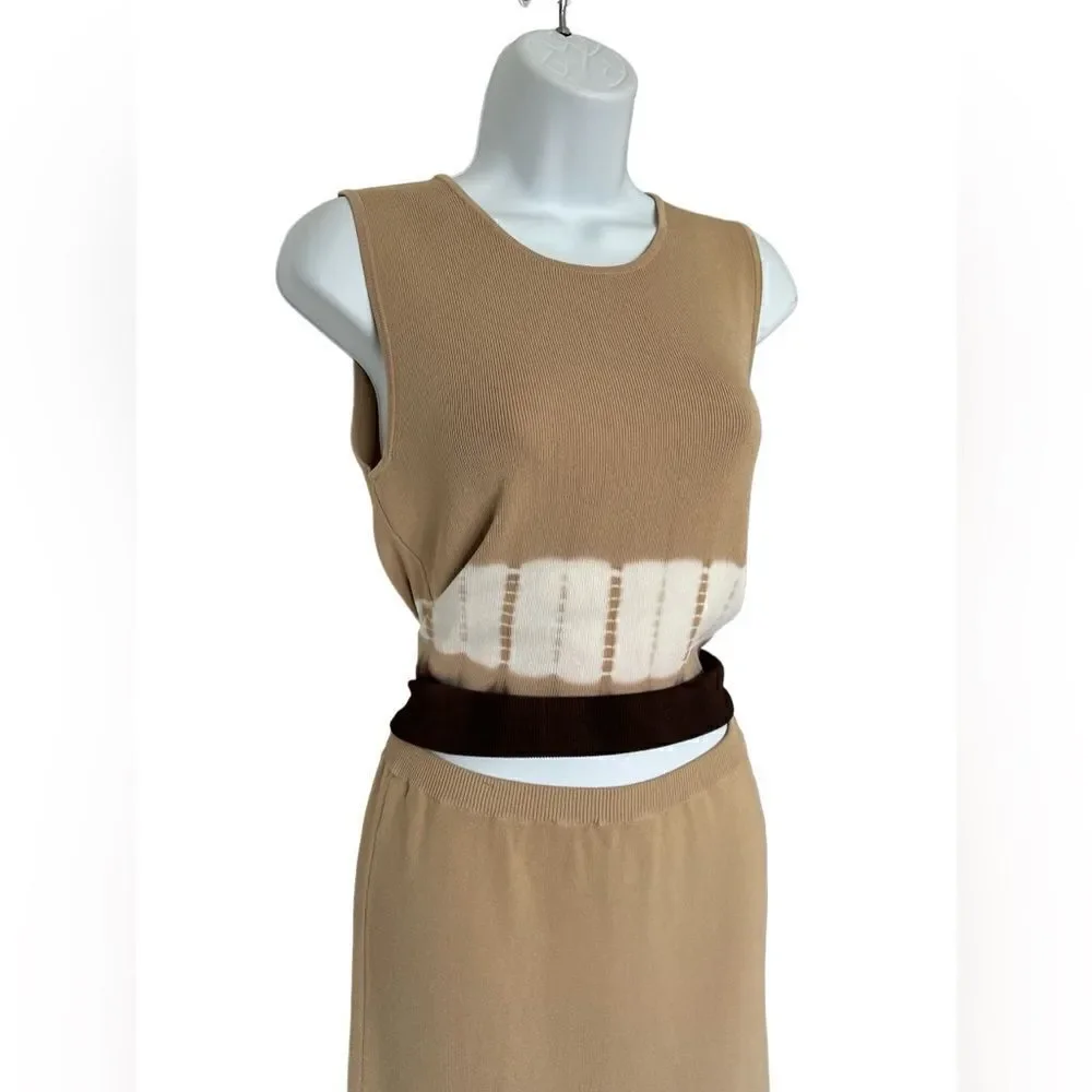 KENAR Two Pieces Set Tan Color With Brown Gradients Top Size M Skirt Size S.